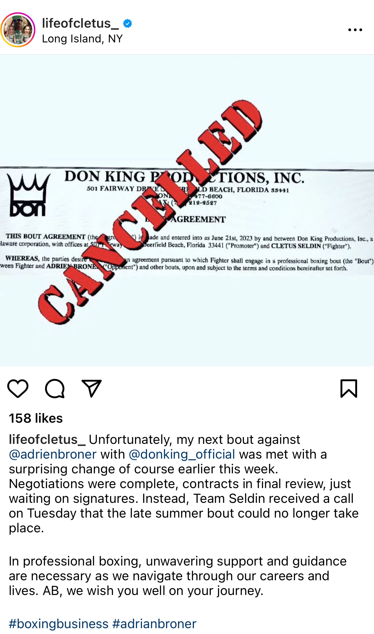 Seldin dice que una pelea contra Adrien Broner está cancelada en una publicación de Instagram